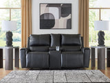Glossmore Black Leather Match Reclining Loveseat with Console, front view