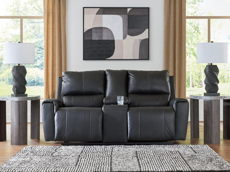Glossmore Black Leather Match Reclining Loveseat with Console, front view