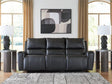 Glossmore black leather reclining sofa front angle