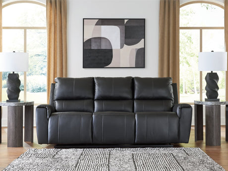 Glossmore black leather reclining sofa front angle