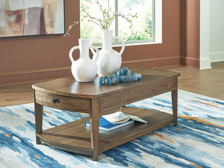 Burkbyer Brown Coffee Table angled view showing tapered legs