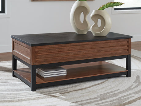 Kallari Warm Brown and Black Lift-Top Coffee Table front view