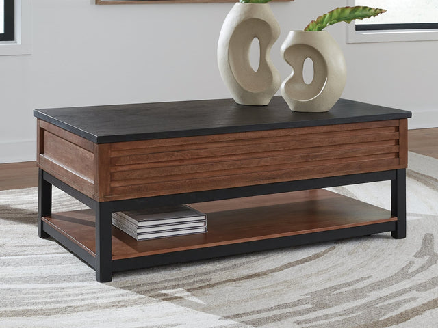 Kallari Warm Brown and Black Lift-Top Coffee Table front view
