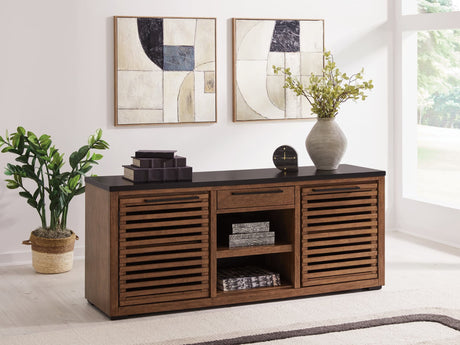 Kallari Credenza warm brown and black finish full front view