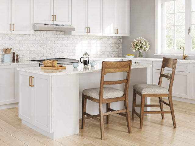 Cabalynn counter height barstool front view showing oatmeal upholstery
