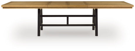 Galliden two-tone black and brown dining extension table, side angle view