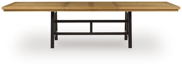 Galliden two-tone black and brown dining extension table, side angle view