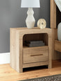 Kinlanni Tan Nightstand front view showing drawer and USB ports