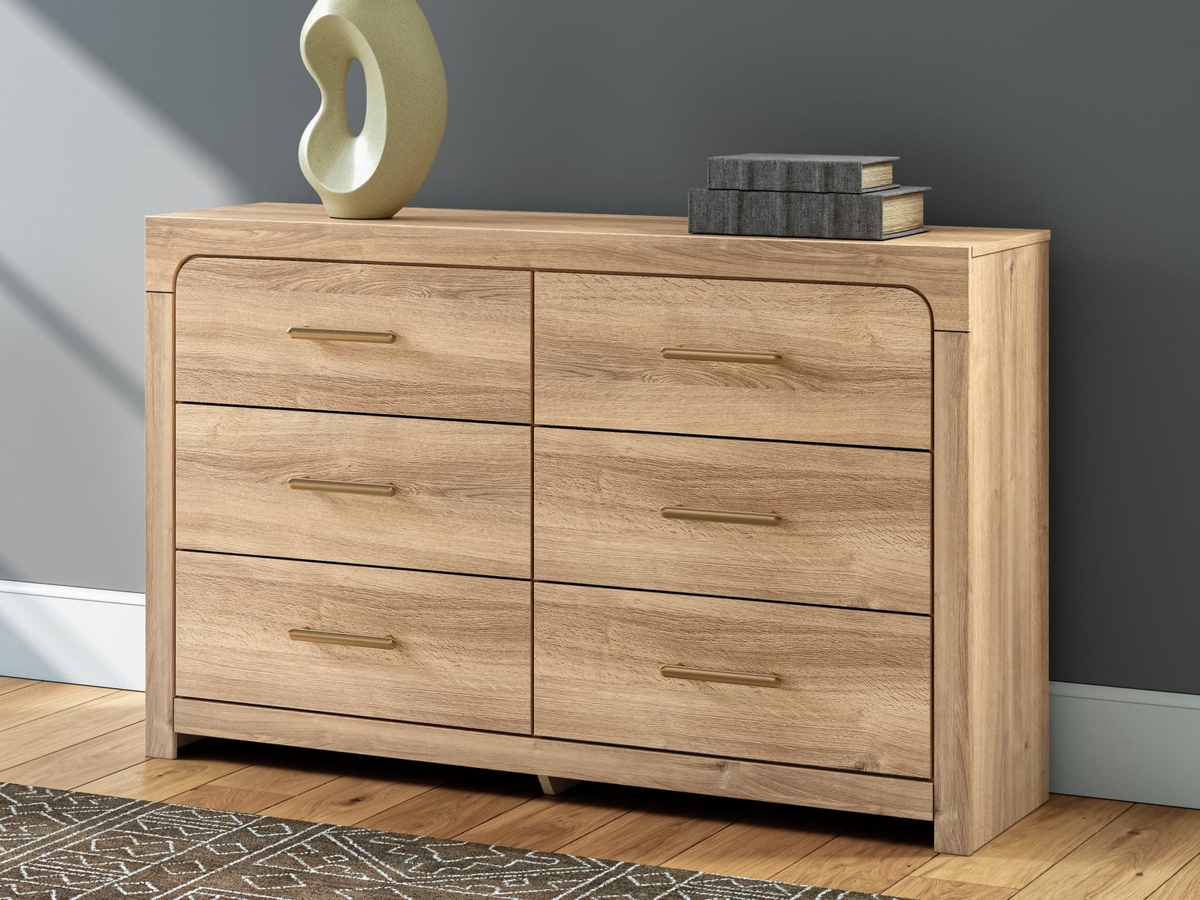 Kinlanni Tan Dresser front view showing 6 drawers