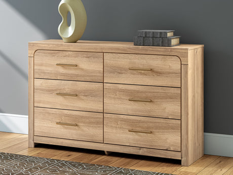 Kinlanni Tan Dresser front view showing 6 drawers