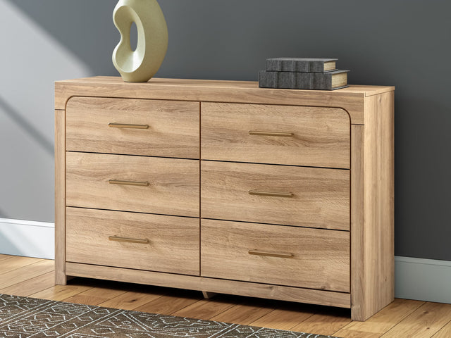 Kinlanni Tan Dresser front view showing 6 drawers