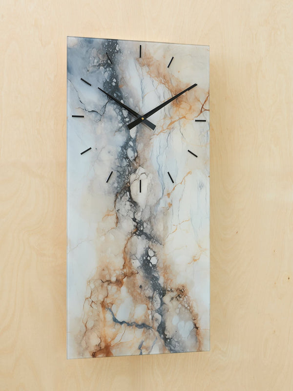 Teague wall clock front view with abstract brown gray ivory glass design