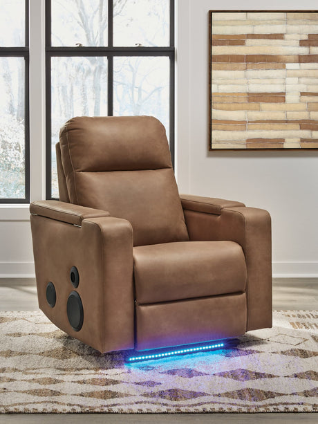 Lorrenton caramel faux leather power glider recliner front view