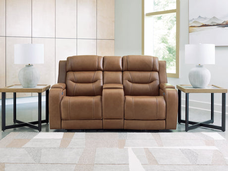 Knightington caramel leather power reclining loveseat front view