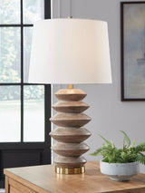Jyllyard table lamp front view showing brown faux wood pattern base and goldtone metal accents
