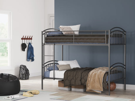Lanceburg Gray Twin over Twin Bunk Bed with Ladder, front angle view