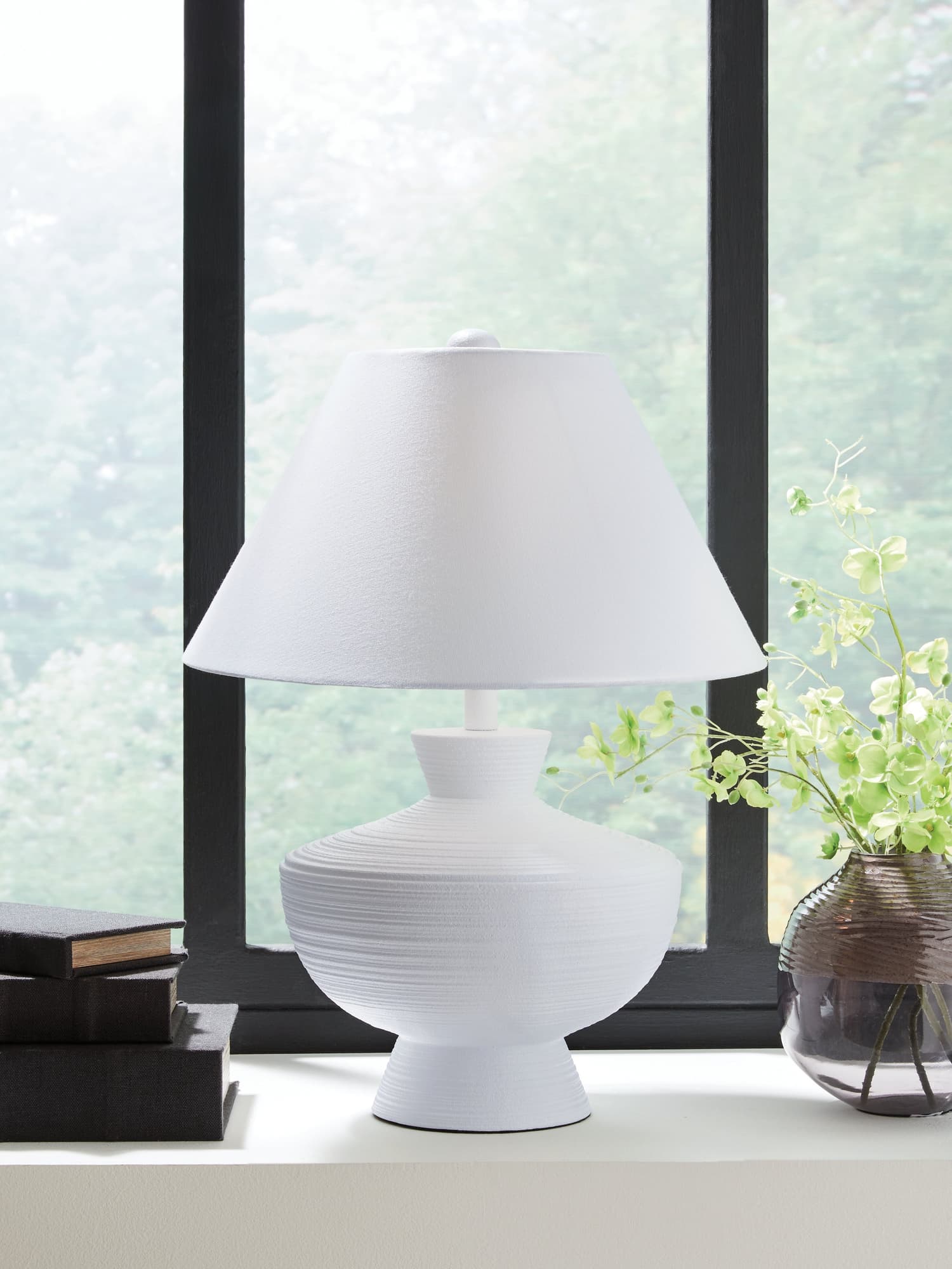 Harelwood White Table Lamp with fabric shade on table