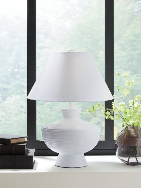 Harelwood White Table Lamp with fabric shade on table