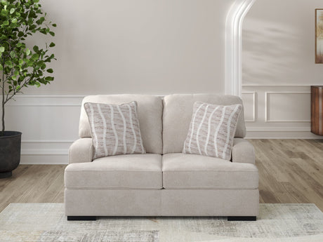 High Profile Taupe Chenille Loveseat front view with accent pillows