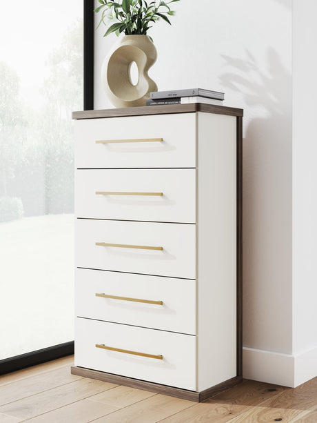 Kendanport Chest of Drawers front view with two-tone brown and white finish