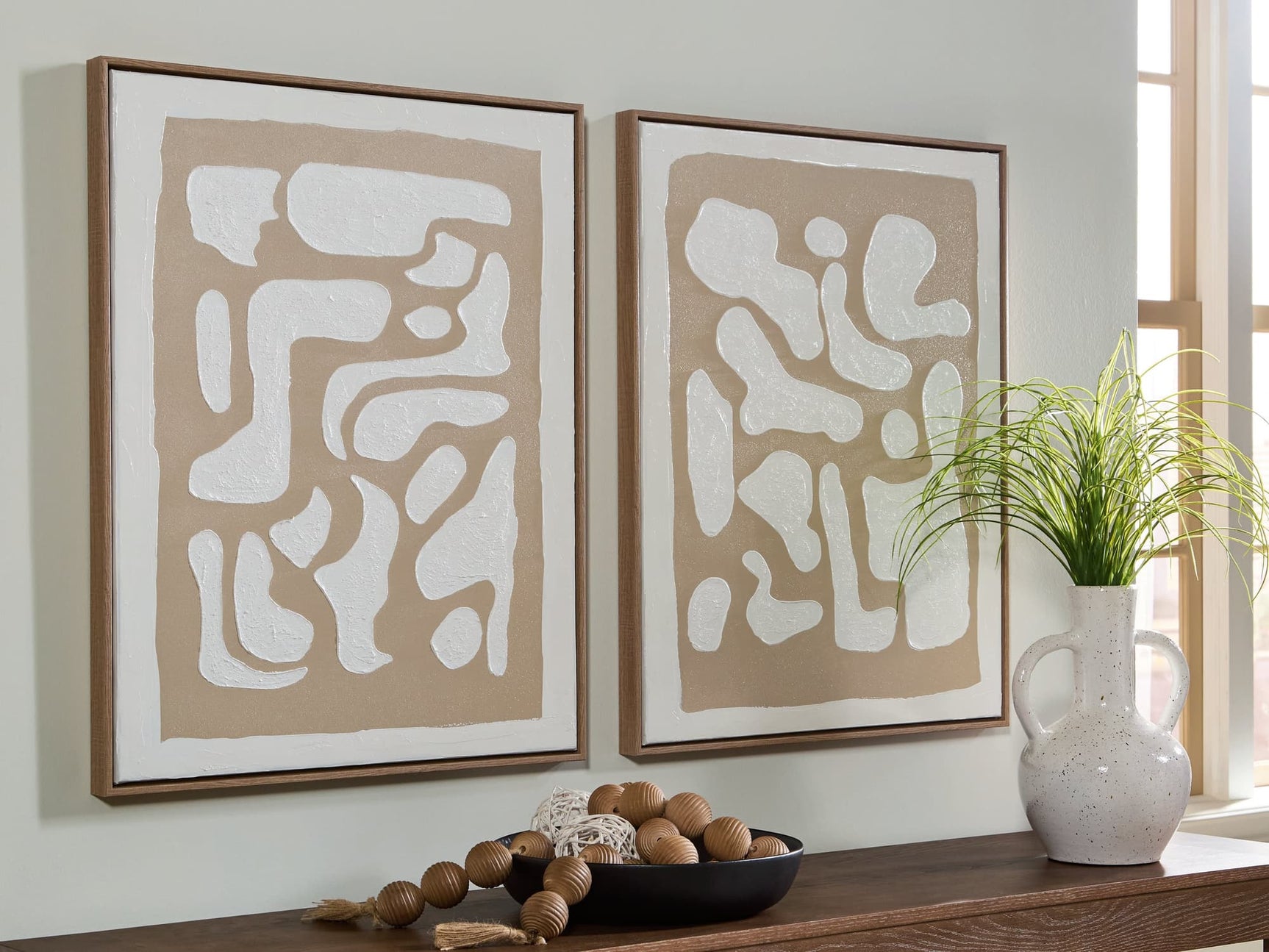 Waldett beige and white abstract wall art set of two framed canvases