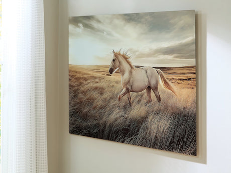 Errolville wall art with galloping horse in golden field, front view