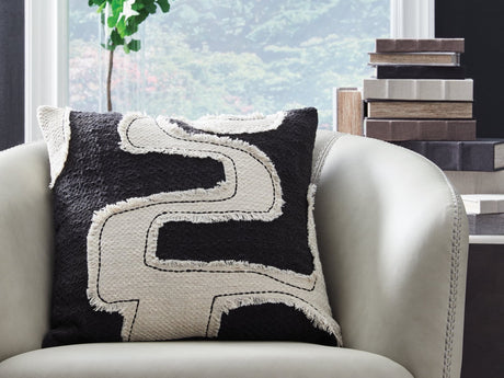 Veerbank black and beige decorative pillow, front view showing embroidered design