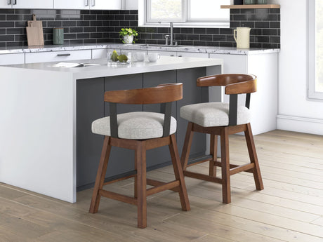 Ralene Medium Brown Upholstered Counter Height Barstool front view with swivel seat