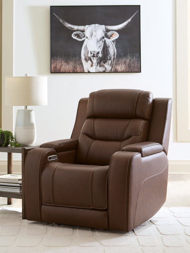 Knightington Brown Leather Power Recliner with Audio Seating main view