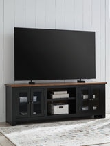 Wildenauer 76 inch two-tone brown black TV stand front angled view
