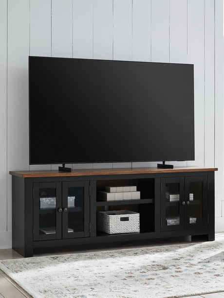Wildenauer 76 inch two-tone brown black TV stand front angled view
