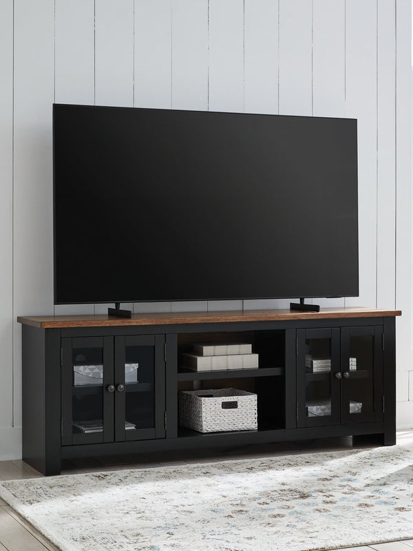 Wildenauer 76 inch two-tone brown black TV stand front angled view