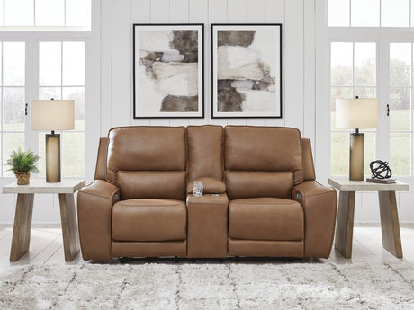 DeepWakes caramel leather power reclining loveseat with console front view