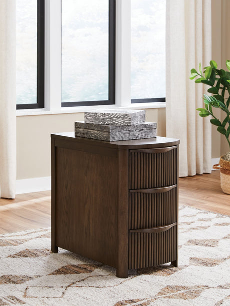 Camdill dark brown chairside end table angled view showing drawers