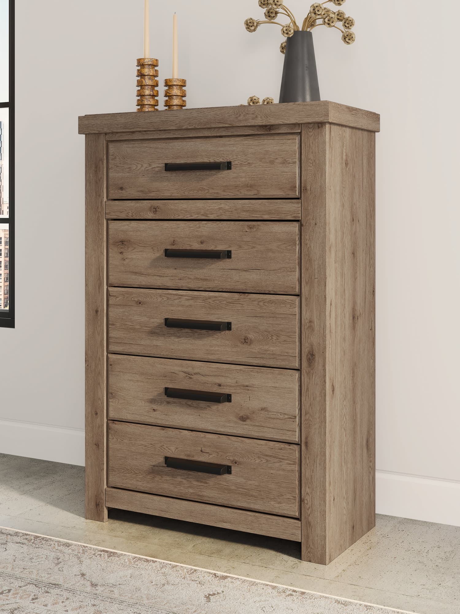 Oliandon Light Brown Chest of Drawers front view showing drawers