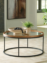 Noraluna Medium Brown Coffee Table front view with round tempered glass top