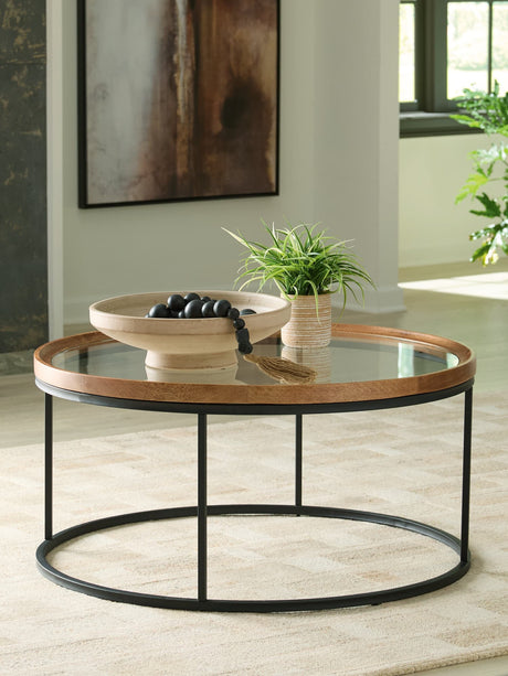 Noraluna Medium Brown Coffee Table front view with round tempered glass top