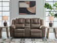 Lowilla Driftwood Faux Leather Reclining Loveseat with Console, front view
