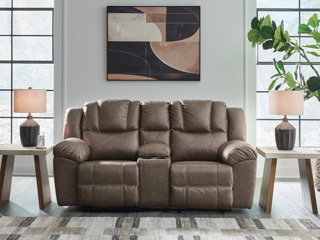 Lowilla Driftwood Faux Leather Reclining Loveseat with Console, front view