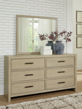 Calmoro gray dresser and mirror angled closed view