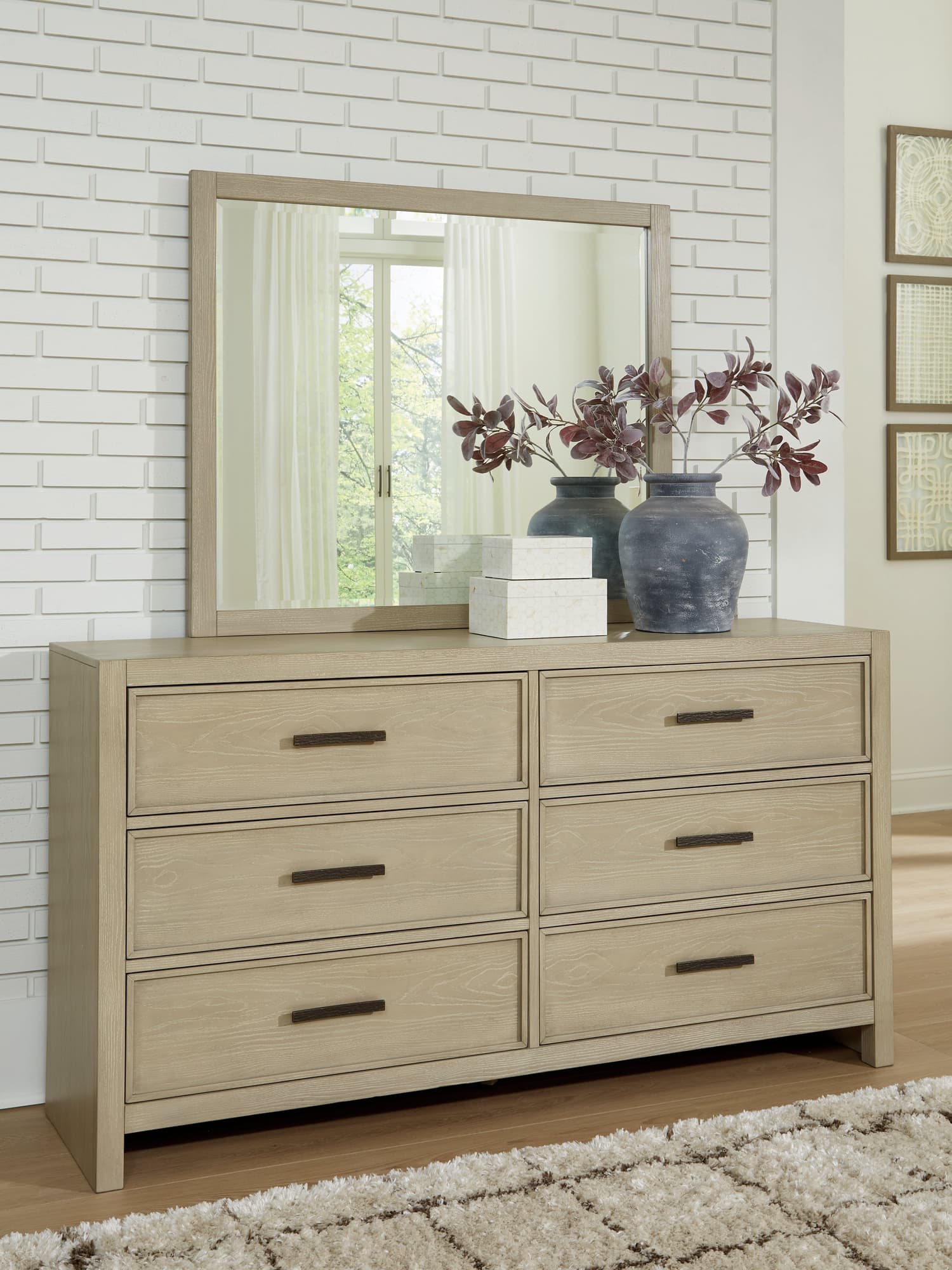 Calmoro gray dresser and mirror angled closed view