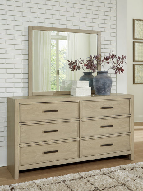 Calmoro gray dresser and mirror angled closed view