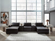 Front view of Modmax II black leather 5-piece double chaise sectional with storage consoles