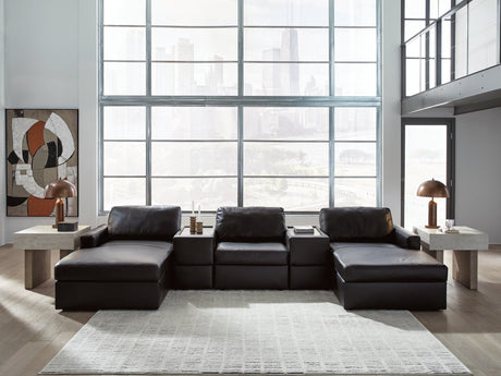 Front view of Modmax II black leather 5-piece double chaise sectional with storage consoles