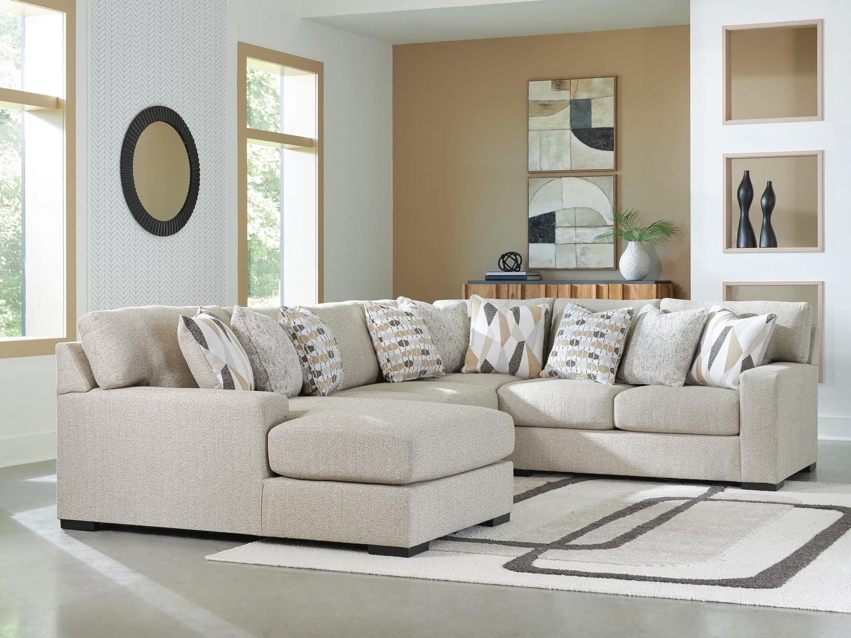 Front view of Laurelgrove Pebble Chenille 4-Piece Sectional with Chaise in pebble fabric