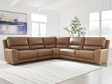 DeepWakes caramel leather 5-piece power reclining sectional sofa front angle