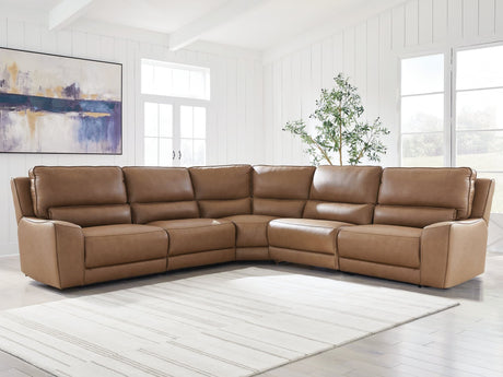 DeepWakes caramel leather 5-piece power reclining sectional sofa front angle