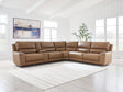 DeepWakes Caramel Leather 6-Piece Reclining Sectional with Storage Console front angle