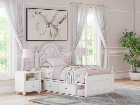 Kozlani White Twin Upholstered Panel Storage Bed angled view