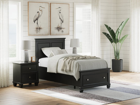 Lanolee Black Twin Panel Storage Bed front view showing headboard and storage drawer